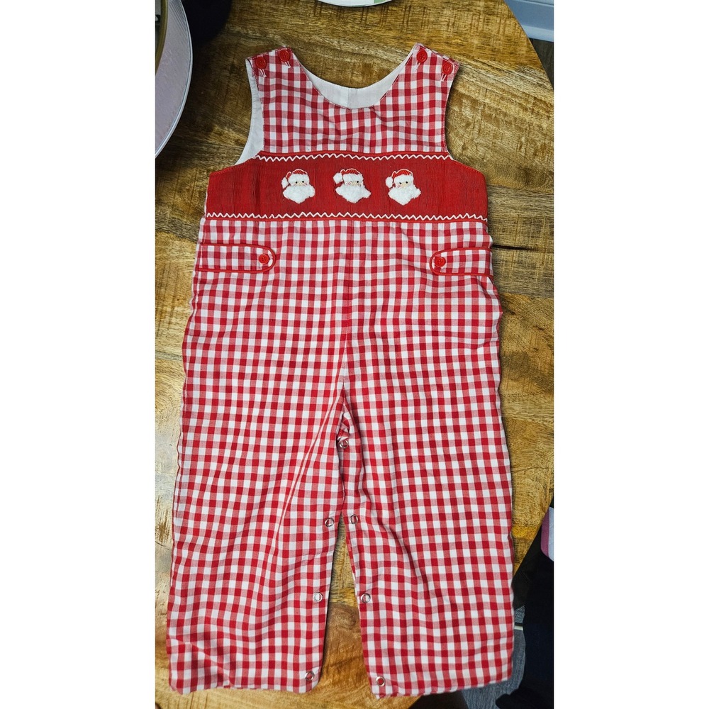 Christmas Mom & Me Kids Red and white Gingham Smocked Santa JonJon Overalls 24M